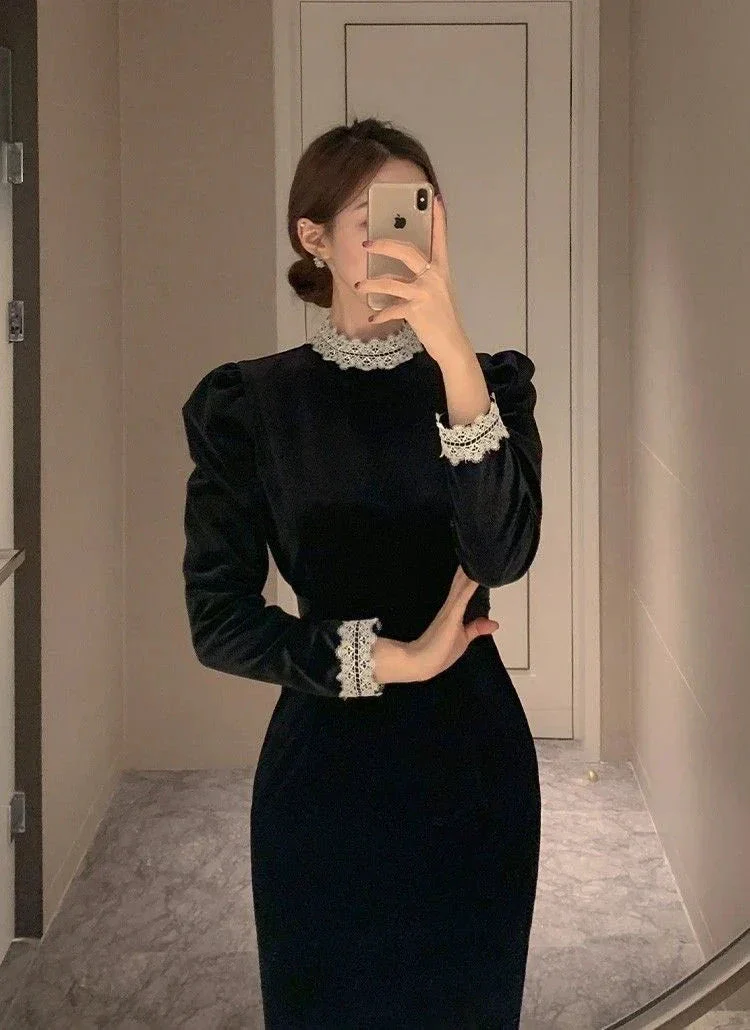 Vintage Black Long Sleeves Evening Dress Black Formal Dress Y5695 - Image 2