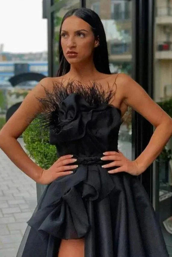 Vintage Black Strapless Flower A-Line Floor-length Prom Dresses with Slit - Image 2
