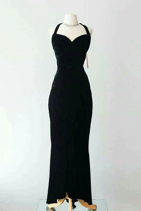 Vintage Black Velvet Evening Dress Halter Dress Style 30s Sweetheart Neckline Y4771 - Image 2