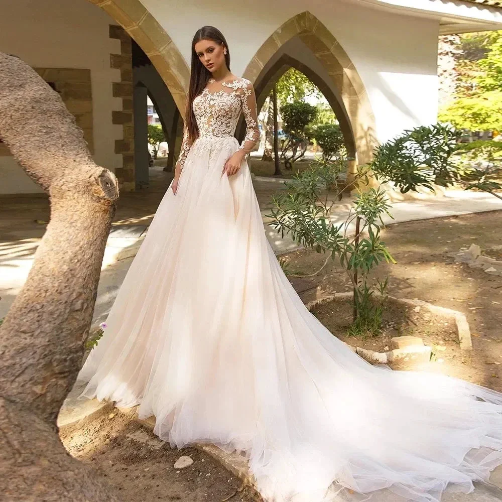Vintage Boho Wedding Dresses For Women's Elegance 2023 Beach Princess A-Line Long Sleeves Illusion Bodices Country Bridal Gowns - Image 2