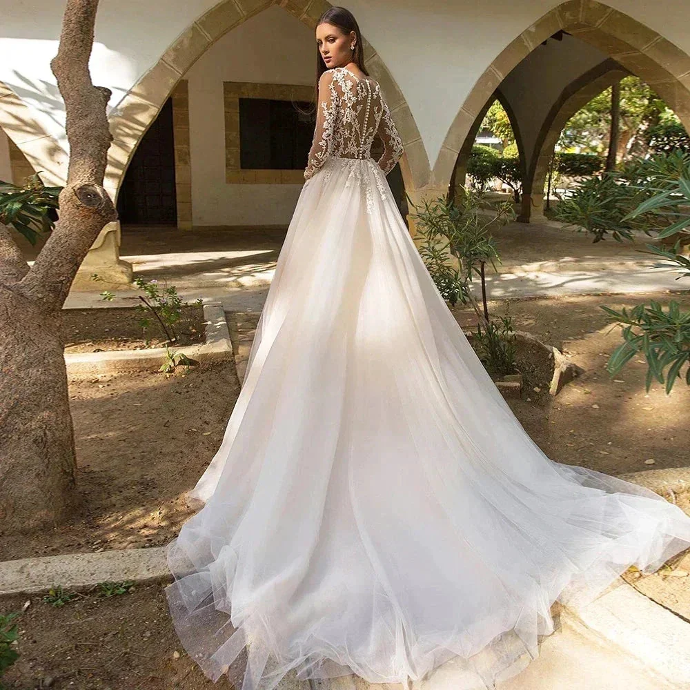 Vintage Boho Wedding Dresses For Women's Elegance 2023 Beach Princess A-Line Long Sleeves Illusion Bodices Country Bridal Gowns - Image 3