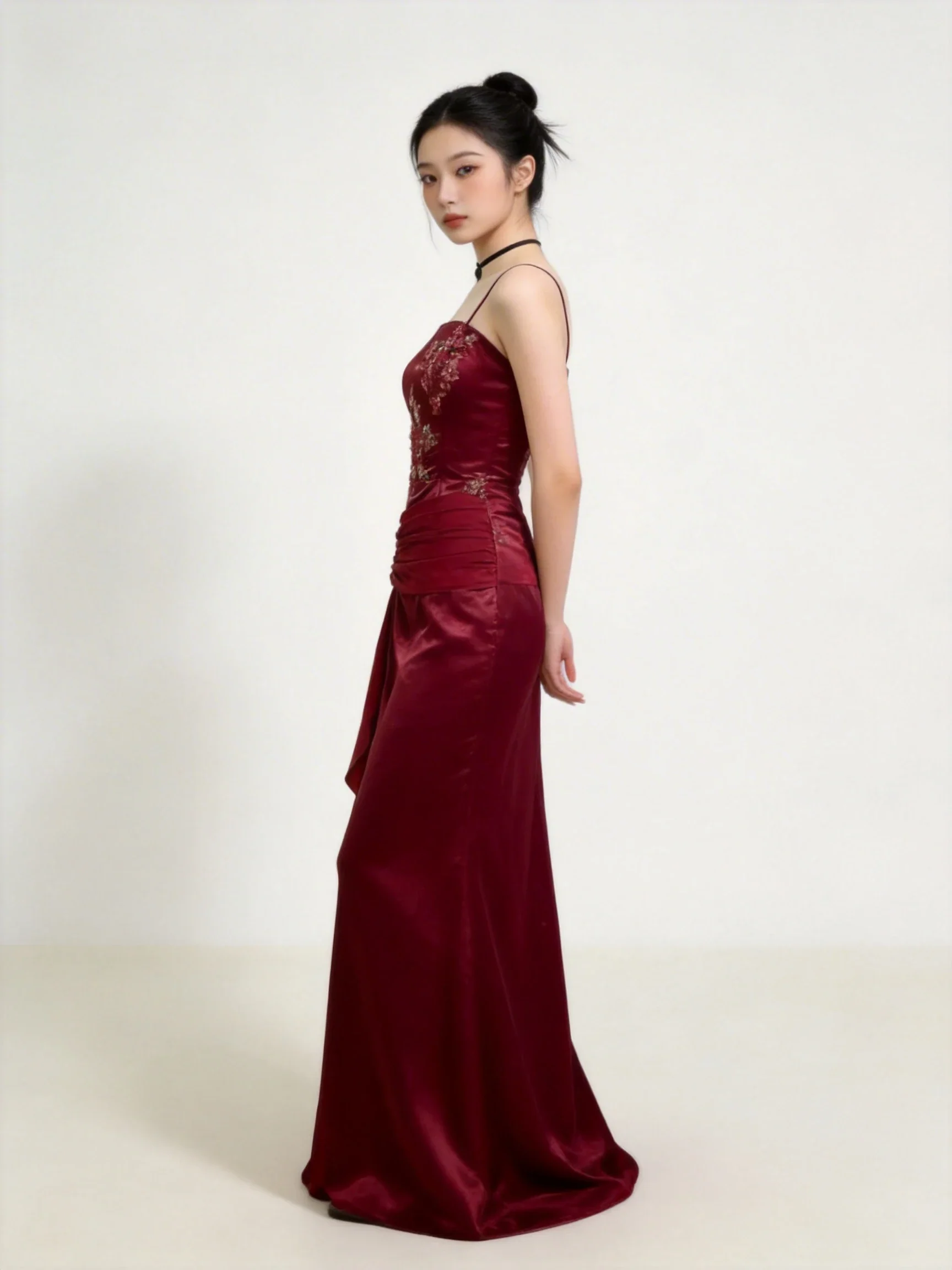 Vintage Burgundy Satin Chiffon Beaded Prom Dress Evening Dress Y8448 - Image 2