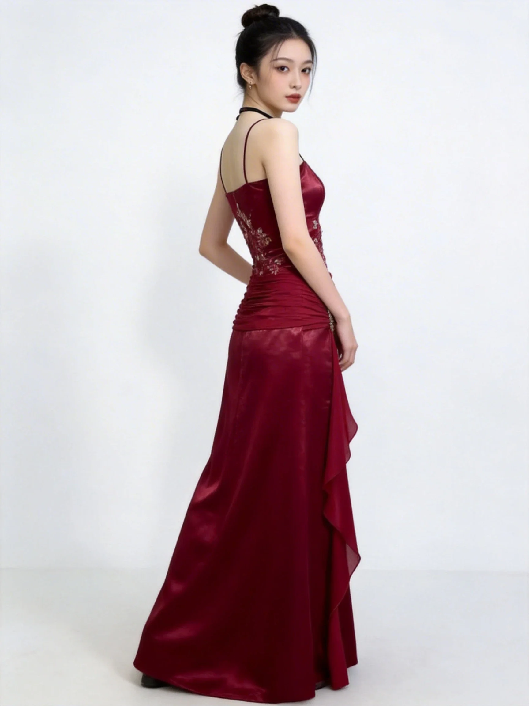 Vintage Burgundy Satin Chiffon Beaded Prom Dress Evening Dress Y8448 - Image 3