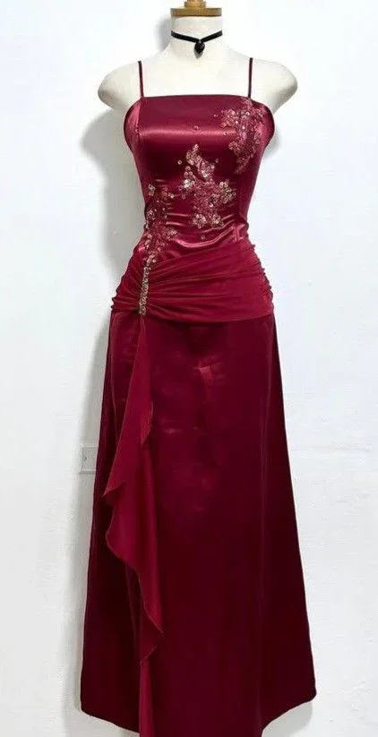 Vintage Burgundy Satin Chiffon Beaded Prom Dress Evening Dress Y8448 - Image 4