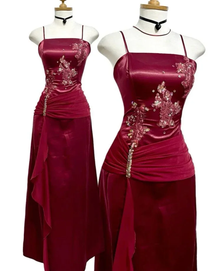 Vintage Burgundy Satin Chiffon Beaded Prom Dress Evening Dress Y8448 - Image 5