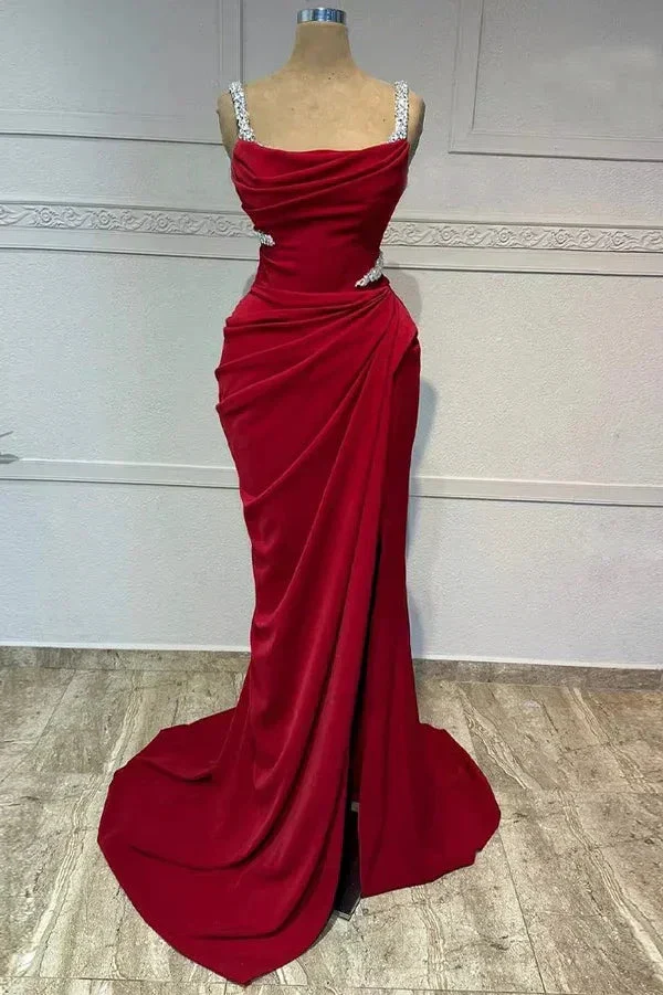 Vintage Burgundy Spaghetti Straps Beaded Mermaid Formal Evening Dress Prom Dress Y7688 - Image 2
