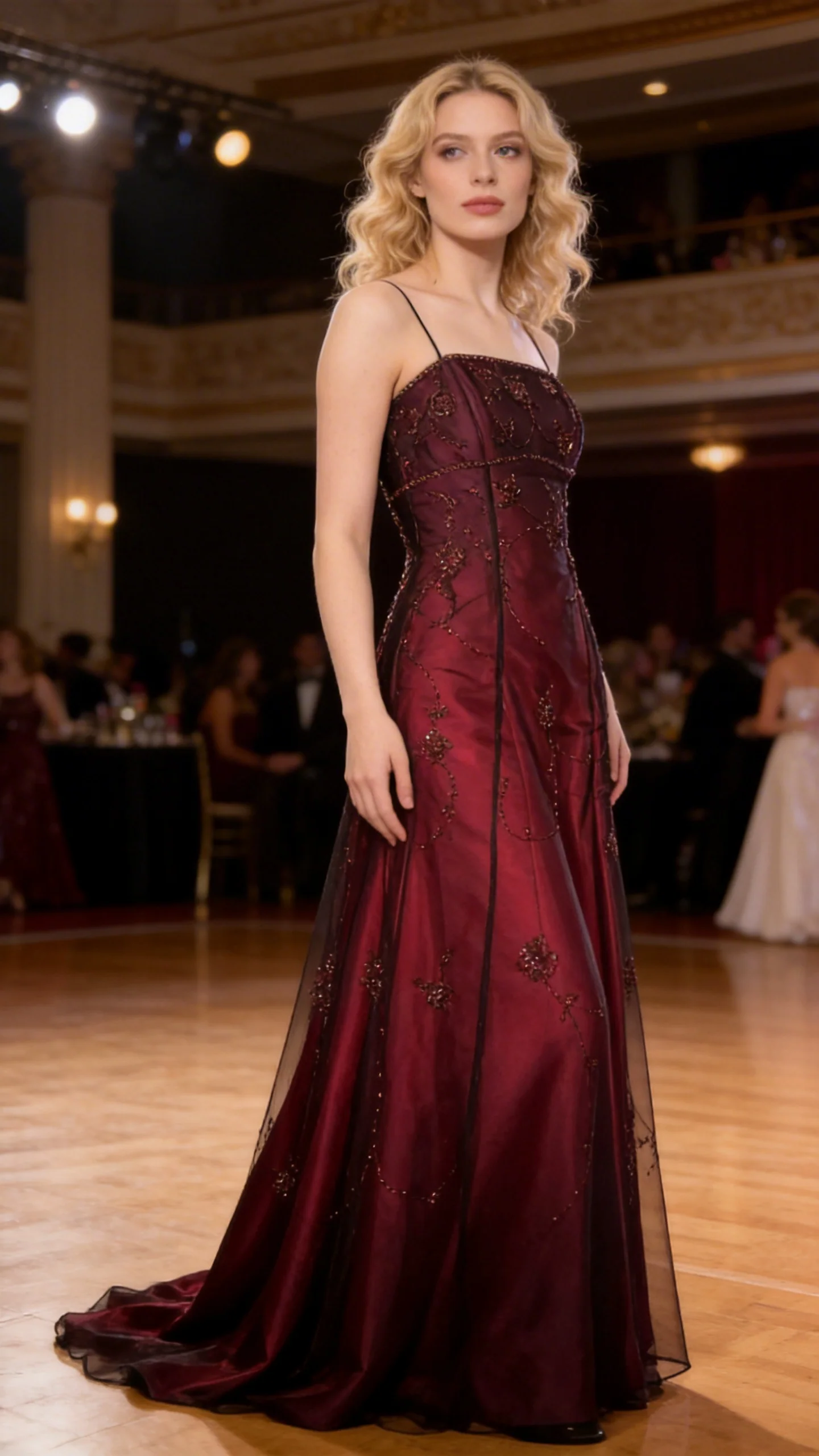 Vintage Burgundy Tulle Beaded A Line Prom Dress Evening Dress Y7684 - Image 3