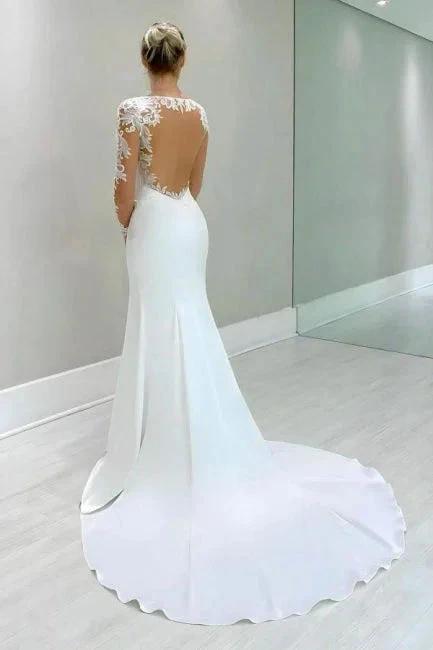 Vintage Column Satin Lace Long Sleeve White Wedding Dress With Appliques - Image 2