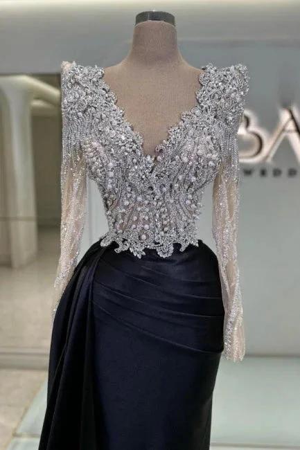 Vintage Column Satin Lace V-Neck Long Sleeve Black Prom Dress With Beading - Image 2