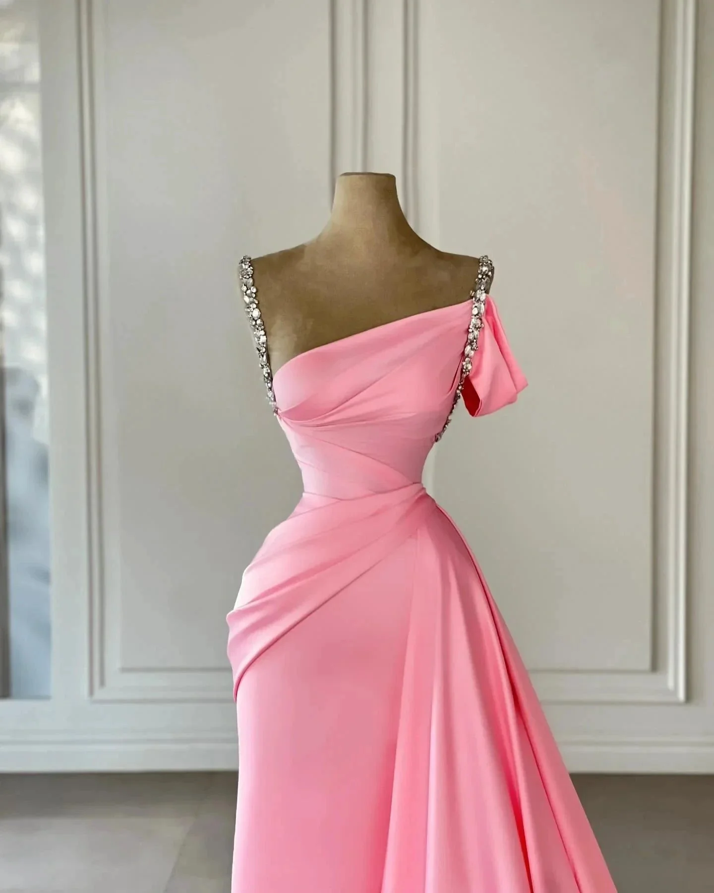 Vintage Column Satin Off-The-Shoulder Sleeveless Pink Prom Dress With Rhinestone - Image 2