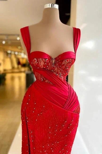 Vintage Column Satin Sweetheart Sleeveless Red Prom Dress With Split - Image 2