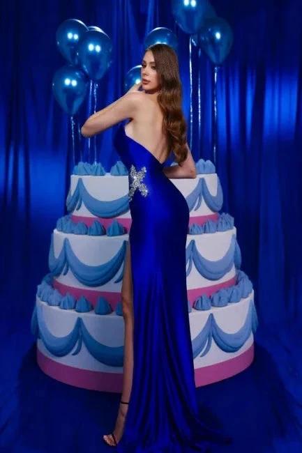 Vintage Column Satin V-Neck Sleeveless Blue Prom Dress With Ruffles Split - Image 3
