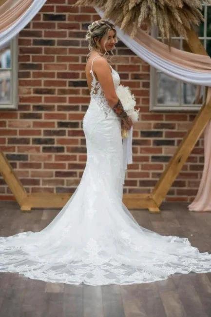 Vintage Column Tulle Lace Spaghetti Straps Sleeveless White Wedding Dress With Appliques Train - Image 2