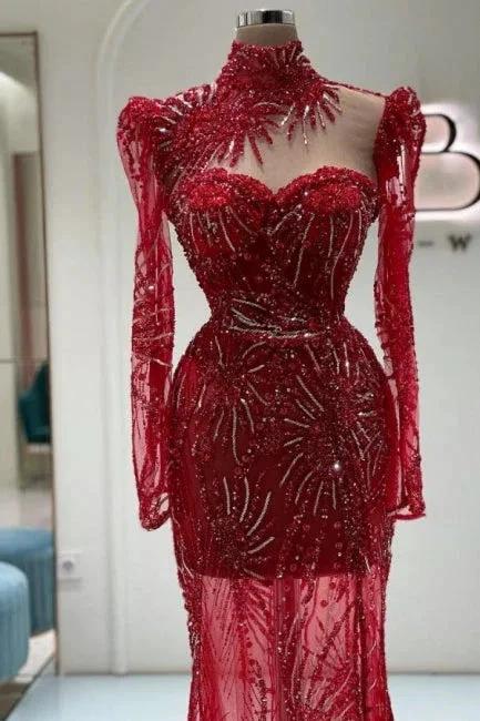 Vintage Column Tulle Sweetheart Long Sleeve Red Prom Dress With Appliques - Image 2