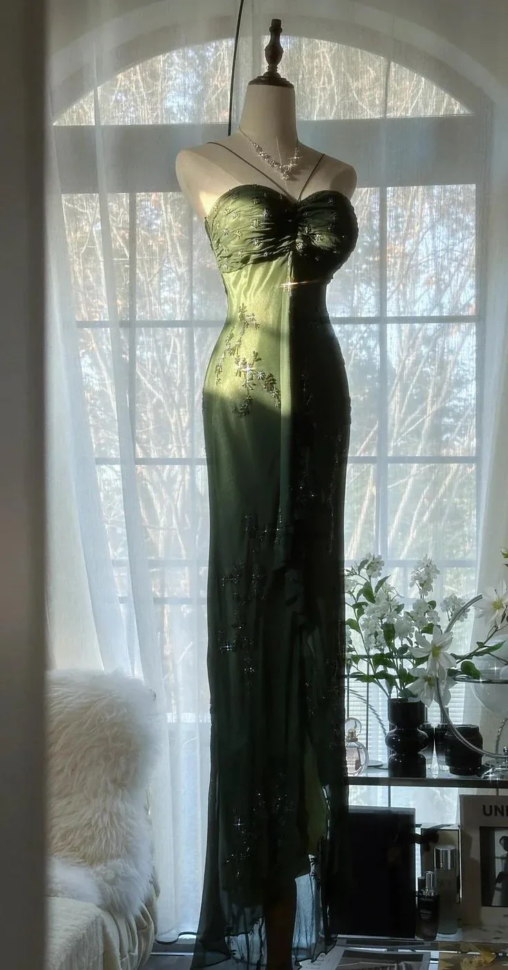 Vintage Dark Green Bodycon Satin Beaded Prom Dress Long Evening Dress Y8557 - Image 2