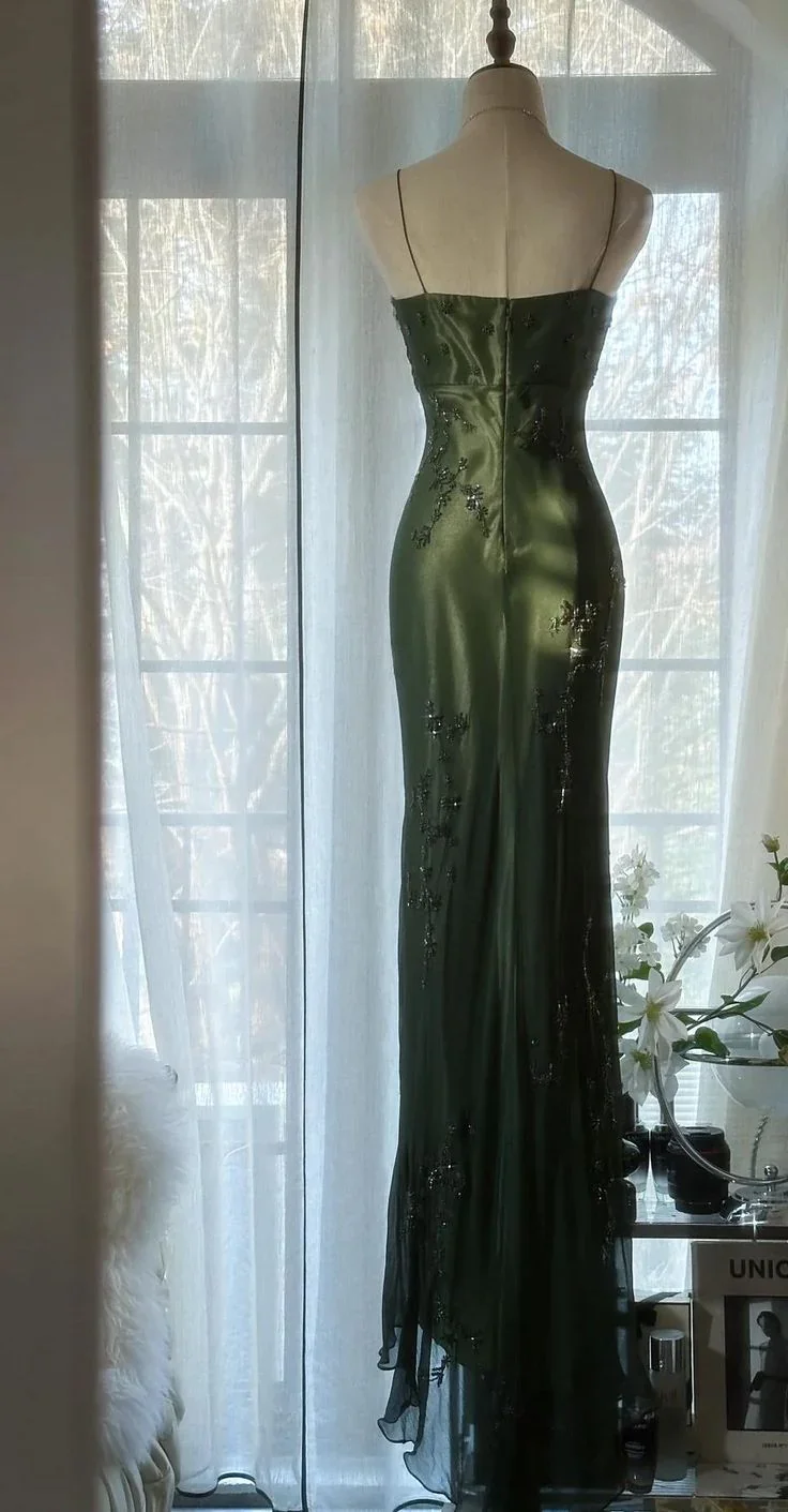 Vintage Dark Green Bodycon Satin Beaded Prom Dress Long Evening Dress Y8557 - Image 3