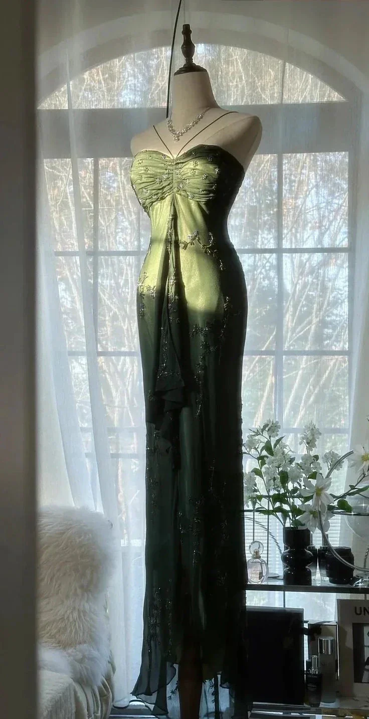 Vintage Dark Green Bodycon Satin Beaded Prom Dress Long Evening Dress Y8557 - Image 4
