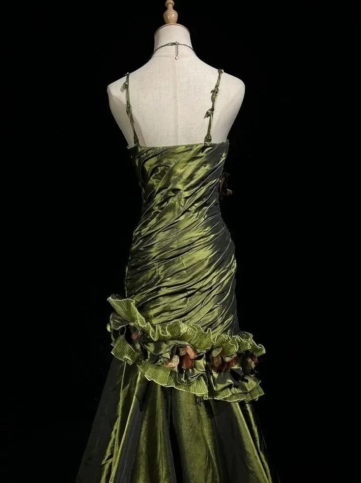Vintage Dark Green Irregular Neckline Satin Beaded Evening Dress Ruched Mermaid Prom Dress Y8560 - Image 4