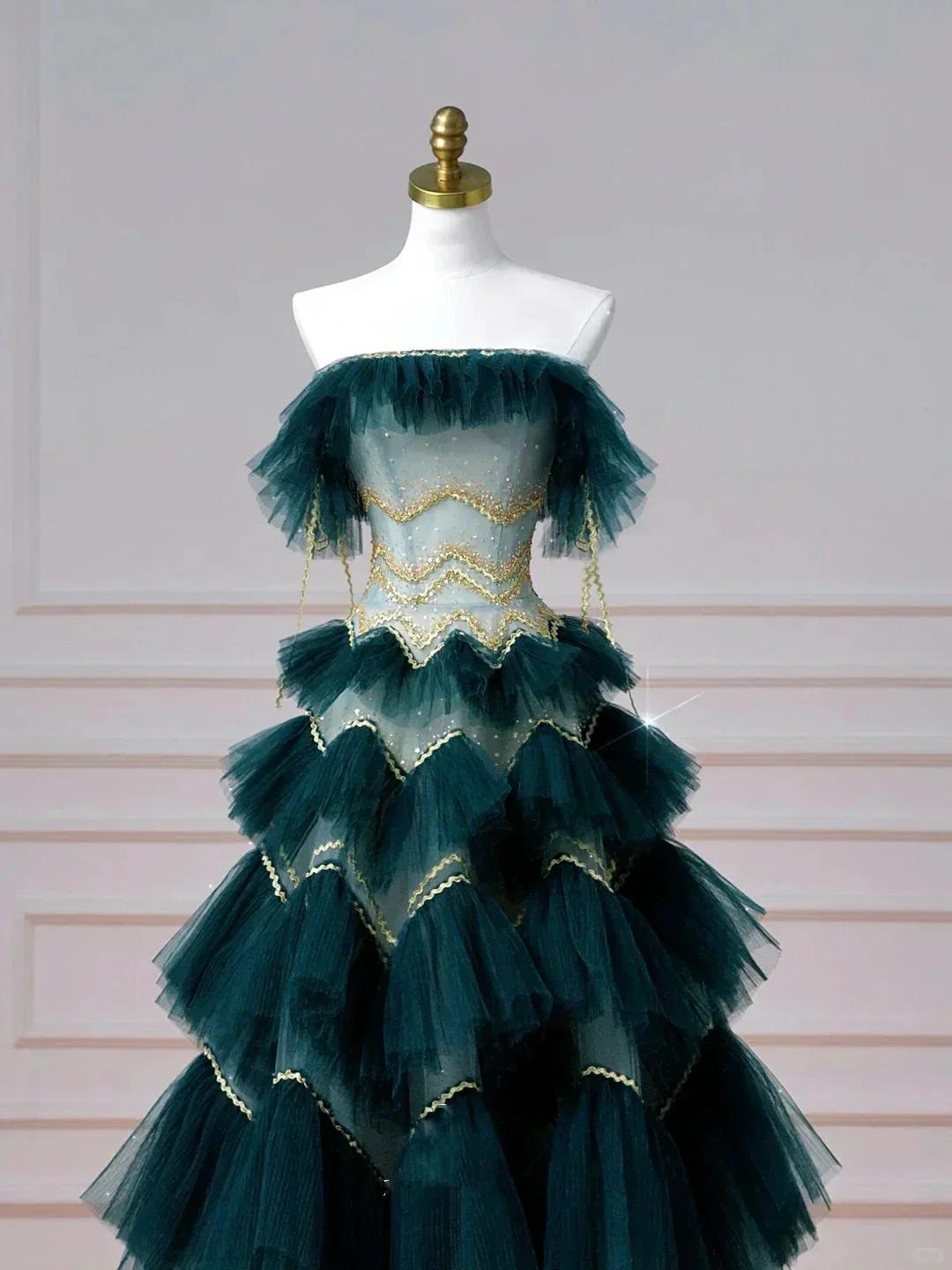 Vintage Dark Green Tulle Sequins Layered A Line Prom Dress Strapless Evening Dress Y8606 - Image 3