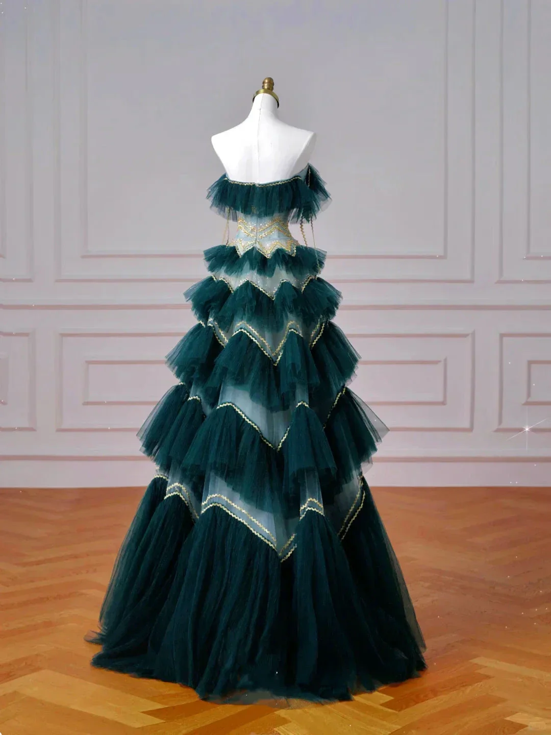 Vintage Dark Green Tulle Sequins Layered A Line Prom Dress Strapless Evening Dress Y8606 - Image 4