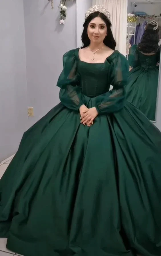 Vintage Green Long Sleeves Ball Gown,18th Birthday Outfit Y7167 - Image 2