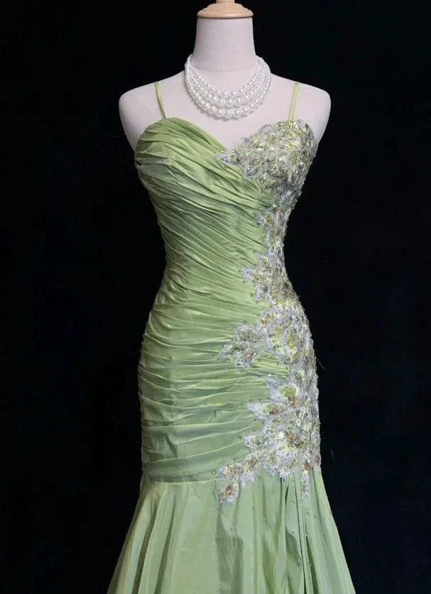 Vintage Green Mermaid Satin Beaded Sequin Evening Dress Spaghetti Strap Long Prom Dress Y8556 - Image 2