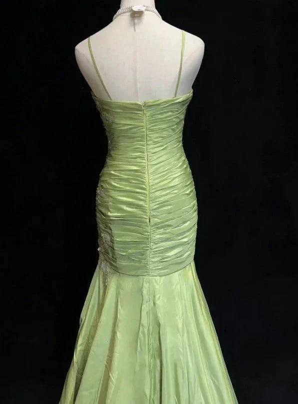 Vintage Green Mermaid Satin Beaded Sequin Evening Dress Spaghetti Strap Long Prom Dress Y8556 - Image 3
