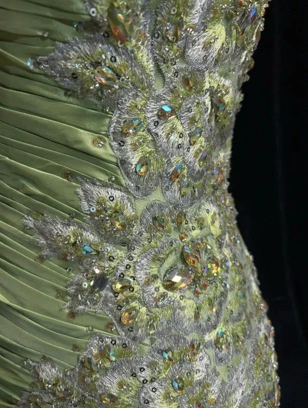 Vintage Green Mermaid Satin Beaded Sequin Evening Dress Spaghetti Strap Long Prom Dress Y8556 - Image 4