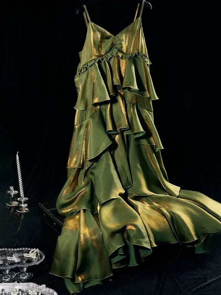 Vintage Green Tiered Flounce Long Prom Dress Party Evening Gown Y7548 - Image 2