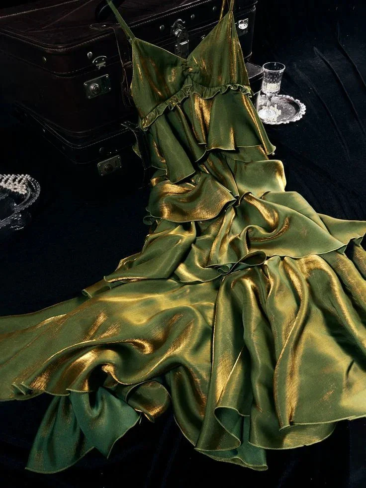 Vintage Green Tiered Flounce Long Prom Dress Party Evening Gown Y7548 - Image 3