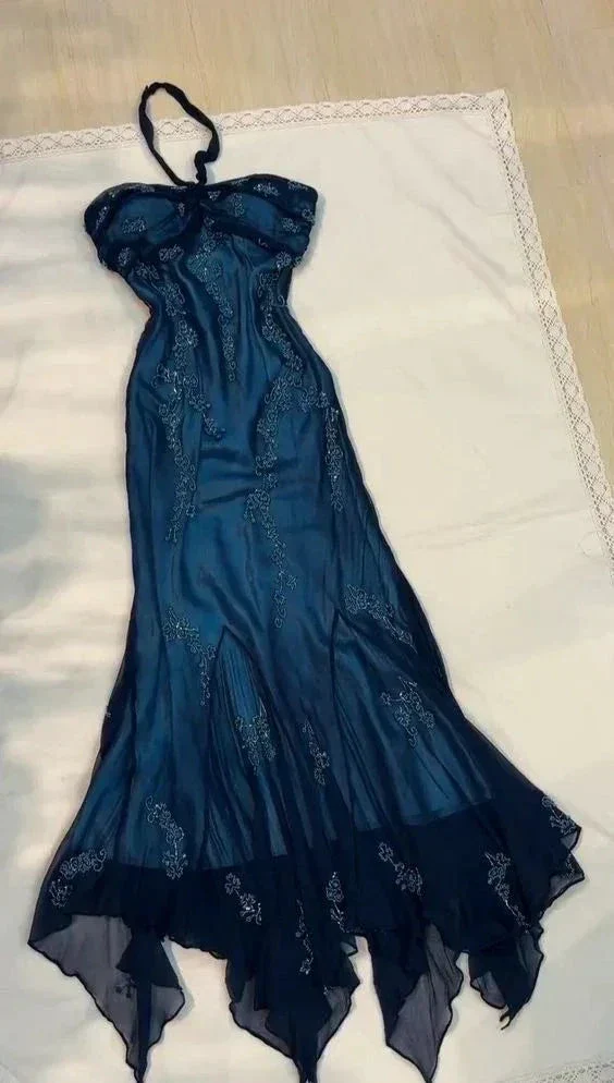 Vintage Halter Beaed Navy Blue Chiffon Mermaid Prom Dress Long Party Evening Dress Y7504 - Image 2