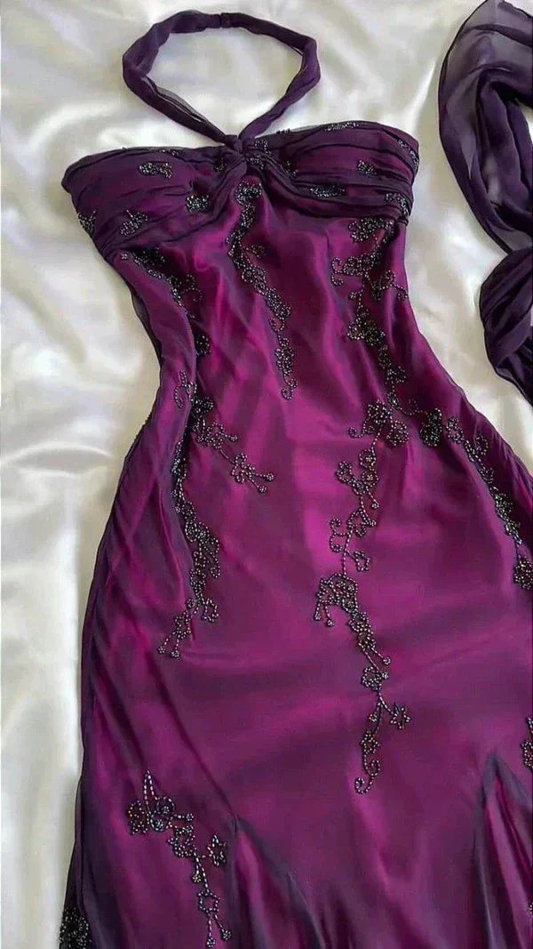 Vintage Halter Purple Beaed Chiffon Mermaid Prom Dress Long Party Evening Dress Y7503 - Image 2
