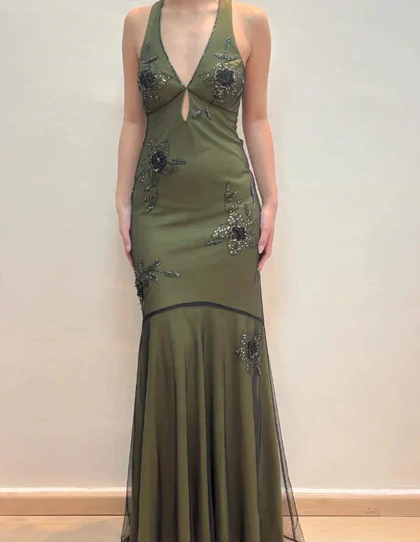 Vintage Halter Satin Beaded Mermaid Evening Dress Sexy Backless Green Prom Dress Y8228 - Image 2