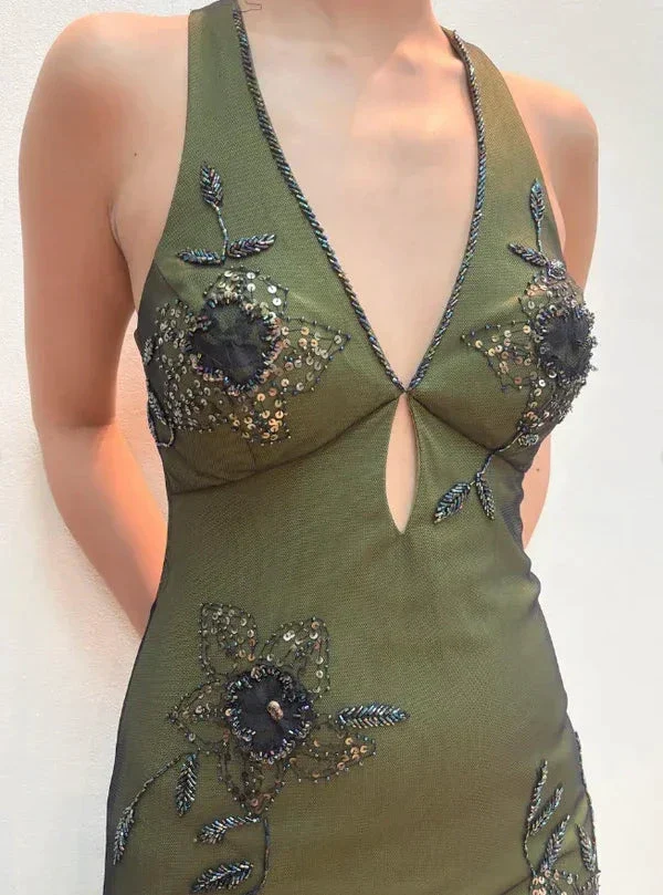 Vintage Halter Satin Beaded Mermaid Evening Dress Sexy Backless Green Prom Dress Y8228 - Image 3