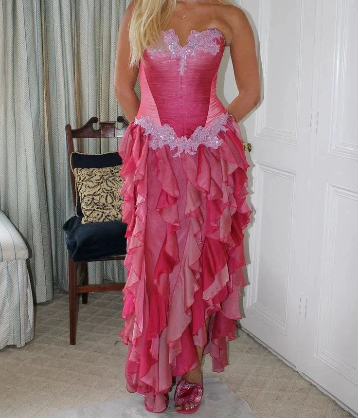 Vintage Hot Pink Lace Chiffon Ruffles Evening Dress Strapless Prom Dress Y8252 - Image 2