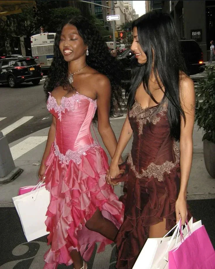 Vintage Hot Pink Lace Chiffon Ruffles Evening Dress Strapless Prom Dress Y8252 - Image 3