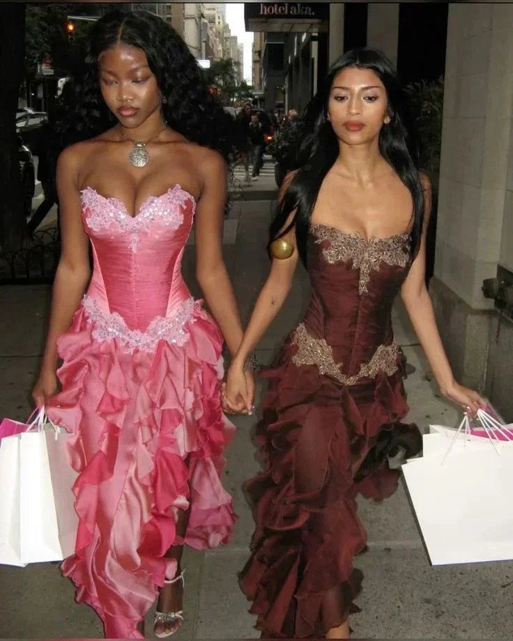 Vintage Hot Pink Lace Chiffon Ruffles Evening Dress Strapless Prom Dress Y8252 - Image 4