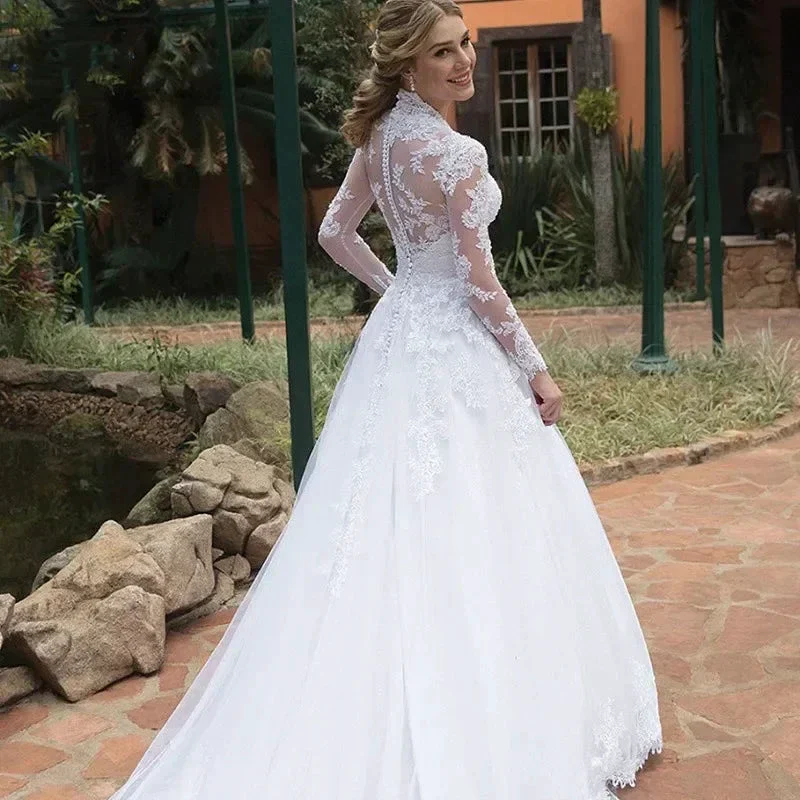 Vintage Italian white bridal dress Lace applique long sleeve tulle sweetheart Sweep Train Saudi Arabian trouw jurken dames - Image 2