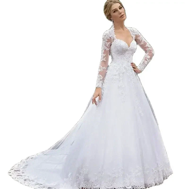 Vintage Italian white bridal dress Lace applique long sleeve tulle sweetheart Sweep Train Saudi Arabian trouw jurken dames - Image 3