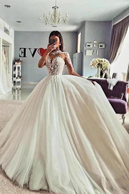 Vintage Jewel Long Sleeves Lace A-Line Tulle Wedding Dresses - Image 2