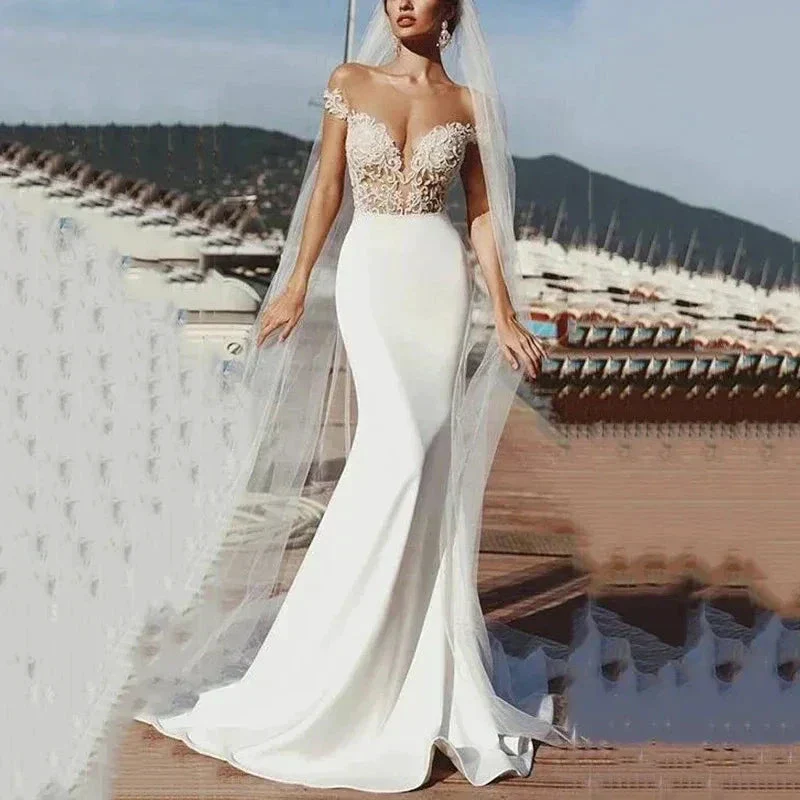 Vintage Lace Applique Wedding Dresses Sexy Off The Shoulder Mermaid Ball Gowns Empire Satin  Formal Bridal Beach Party Vestidos - Image 2