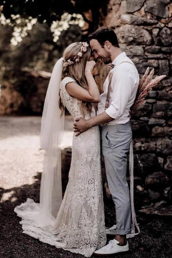 Vintage Lace Rustic Wedding Dresses Cap Sleeve Boho Wedding Gowns WD548 - Image 3