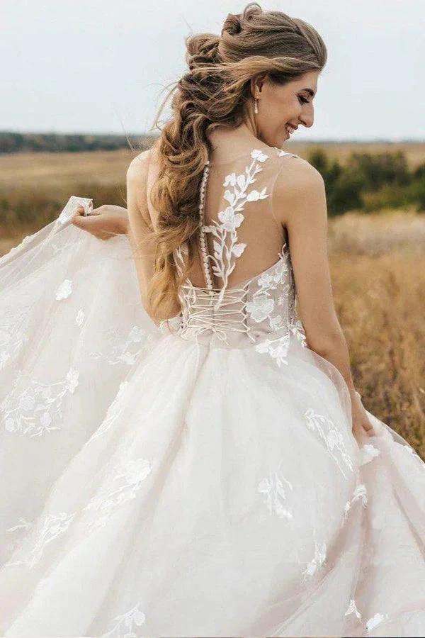 Vintage Lace Scoop Neckline A Line Tulle Wedding Bridal Dress WD531 - Image 4