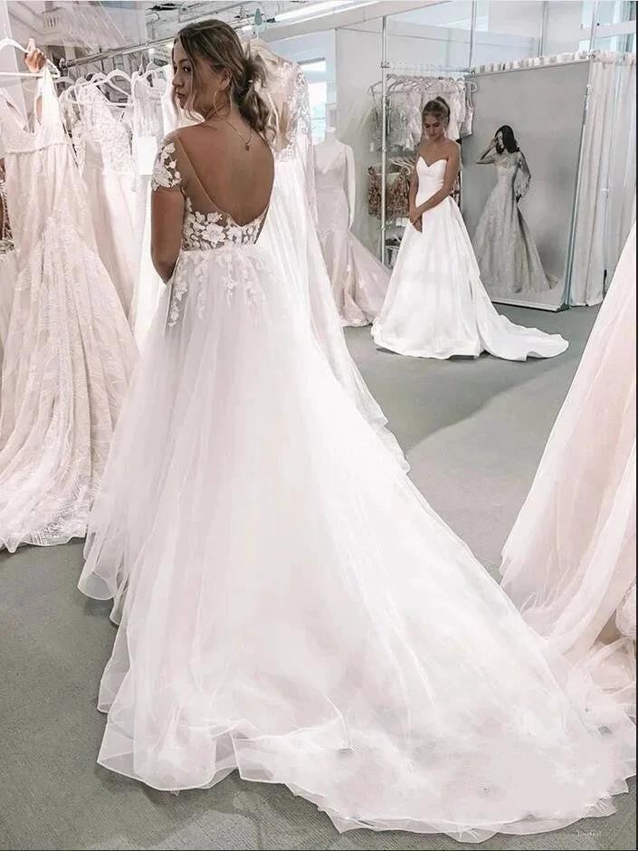 Vintage Long A-Line Bateau Appliques Lace Tulle Wedding Dress with Sleeves - Image 3