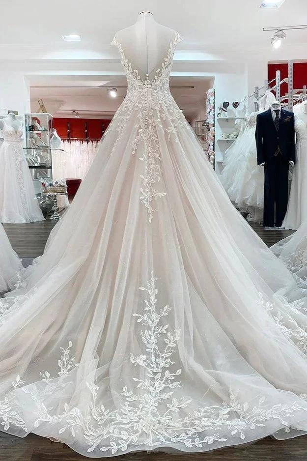 Vintage Long A-line Jewel Tulle Ruffles Wedding Dress with Lace Appliques - Image 2