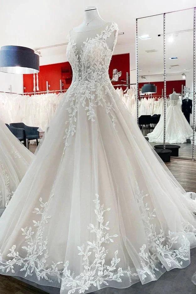 Vintage Long A-line Jewel Tulle Ruffles Wedding Dress with Lace Appliques - Image 3