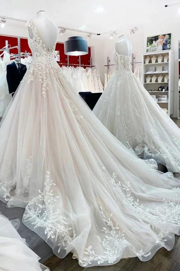 Vintage Long A-line Jewel Tulle Ruffles Wedding Dress with Lace Appliques - Image 4