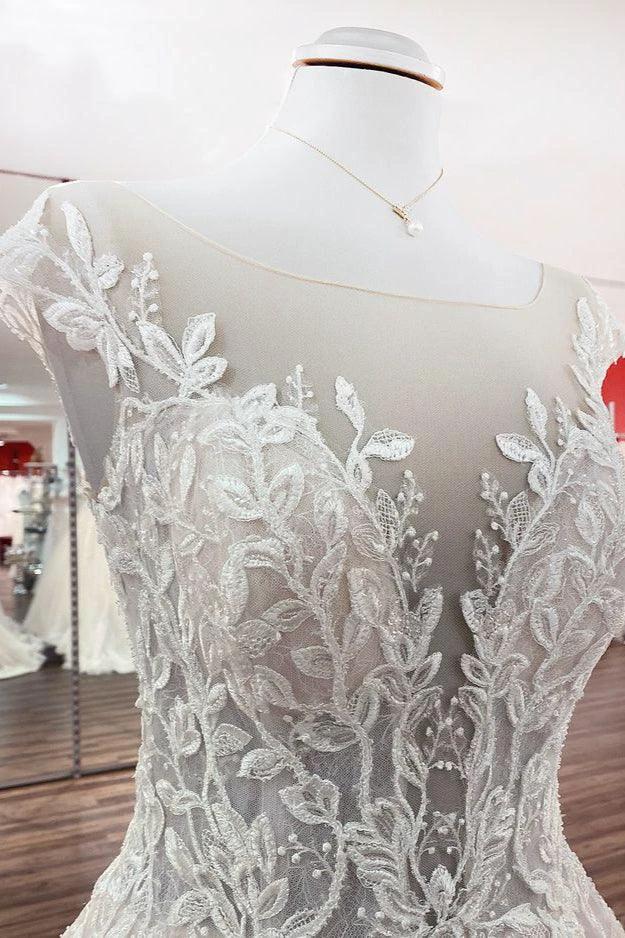 Vintage Long A-line Jewel Tulle Ruffles Wedding Dress with Lace Appliques - Image 5