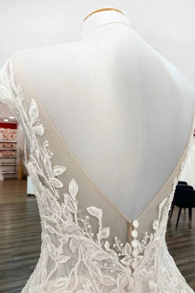 Vintage Long A-line Jewel Tulle Ruffles Wedding Dress with Lace Appliques - Image 6