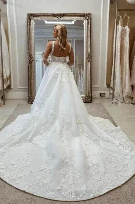 Vintage Long A-Line Lace Sleeveless Appliques Wedding Dresses with Detachable Train - Image 2